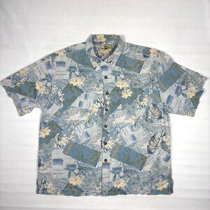 Seven Palm Brand Blue 100% Silk Hawaiian Coconut Shell Button Shirt Mens XL